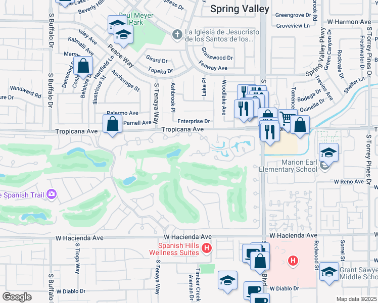 map of restaurants, bars, coffee shops, grocery stores, and more near 7132 Mission Hills Drive in Las Vegas