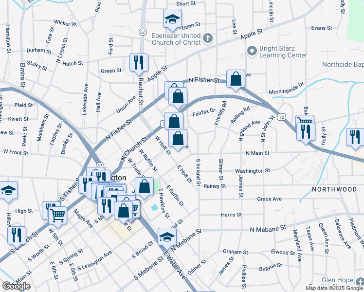 map of restaurants, bars, coffee shops, grocery stores, and more near 114 Fonville Street in Burlington