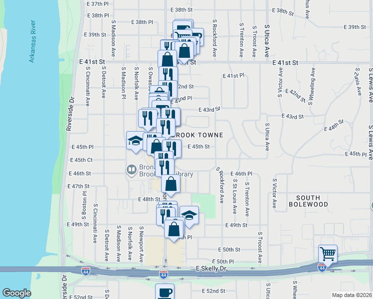 map of restaurants, bars, coffee shops, grocery stores, and more near 1328 East 45th Place in Tulsa