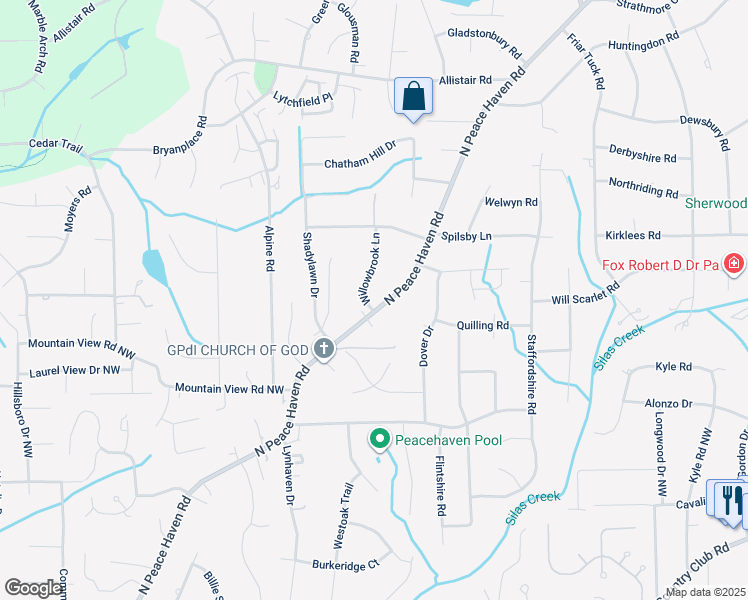 map of restaurants, bars, coffee shops, grocery stores, and more near 606 North Peace Haven Road in Winston-Salem