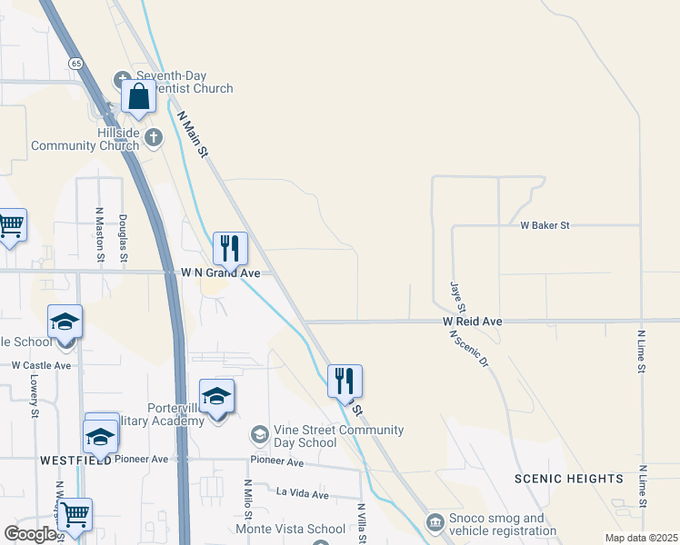 map of restaurants, bars, coffee shops, grocery stores, and more near 672 West Reid Avenue in Porterville