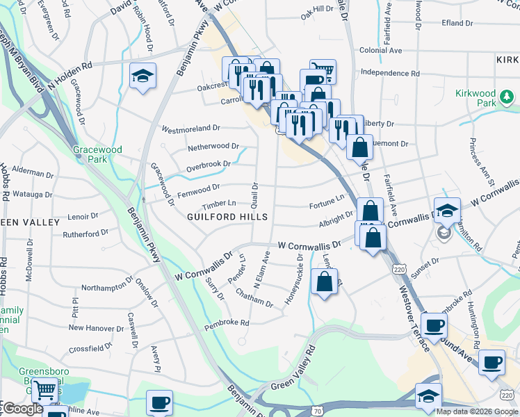 map of restaurants, bars, coffee shops, grocery stores, and more near 1201 Quail Drive in Greensboro