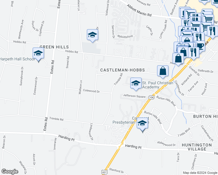 map of restaurants, bars, coffee shops, grocery stores, and more near 3425 Trimble Road in Nashville