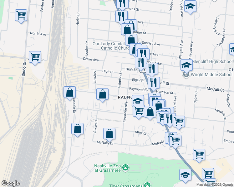 map of restaurants, bars, coffee shops, grocery stores, and more near 500 Raymond Street in Nashville