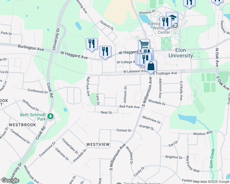 map of restaurants, bars, coffee shops, grocery stores, and more near in Elon