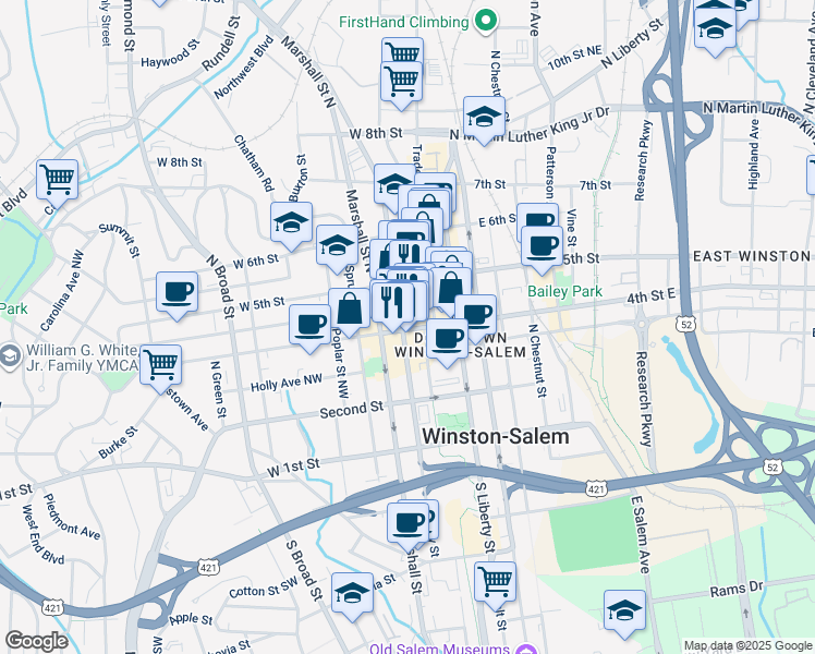map of restaurants, bars, coffee shops, grocery stores, and more near 103 West 4th Street in Winston-Salem