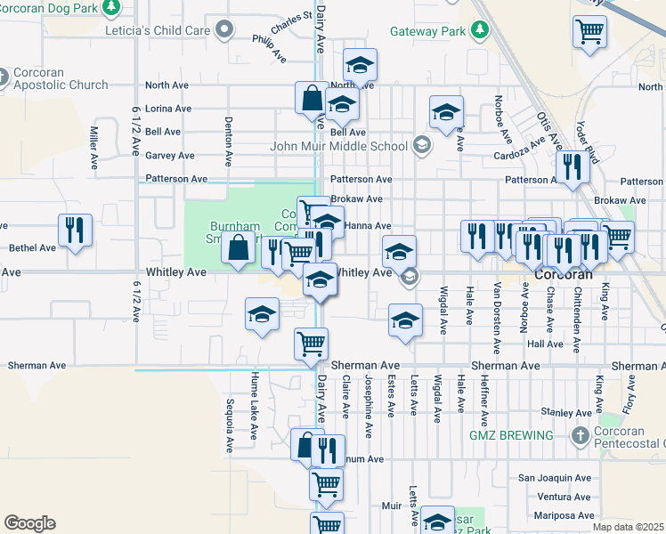 map of restaurants, bars, coffee shops, grocery stores, and more near 1016 Claire Avenue in Corcoran