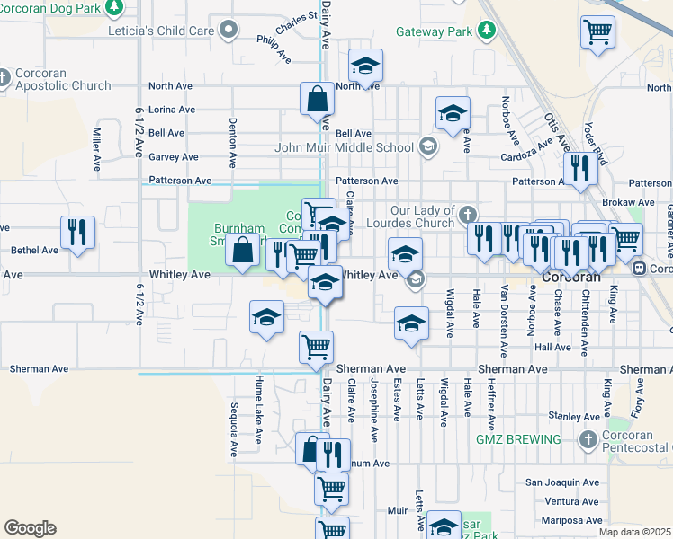 map of restaurants, bars, coffee shops, grocery stores, and more near 1016 Claire Avenue in Corcoran