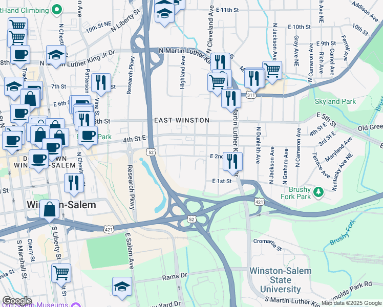 map of restaurants, bars, coffee shops, grocery stores, and more near 1000 4th Street East in Winston-Salem