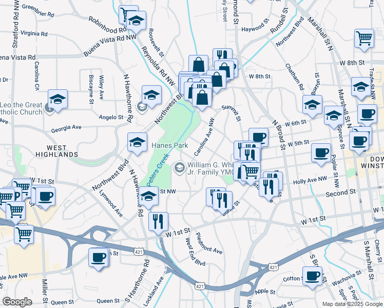map of restaurants, bars, coffee shops, grocery stores, and more near 608 West End Boulevard in Winston-Salem