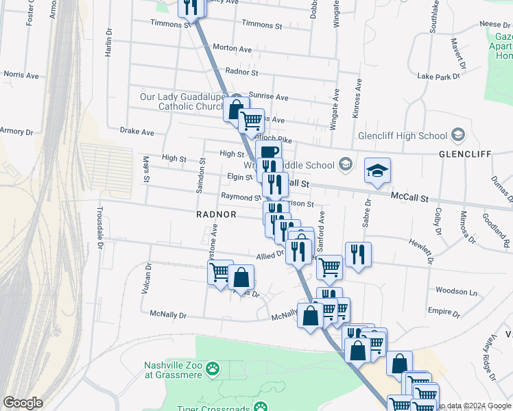 map of restaurants, bars, coffee shops, grocery stores, and more near 3416 Nolensville Pike in Nashville
