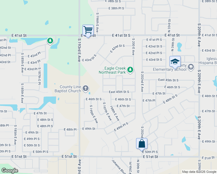 map of restaurants, bars, coffee shops, grocery stores, and more near 19812 East 44th Place South in Broken Arrow