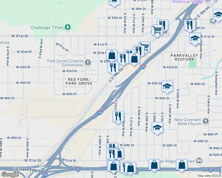 map of restaurants, bars, coffee shops, grocery stores, and more near 4424 South 33rd West Avenue in Tulsa