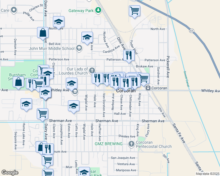 map of restaurants, bars, coffee shops, grocery stores, and more near 1019 Norboe Avenue in Corcoran