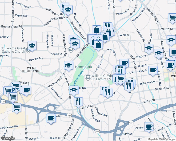 map of restaurants, bars, coffee shops, grocery stores, and more near 625 West End Boulevard in Winston-Salem