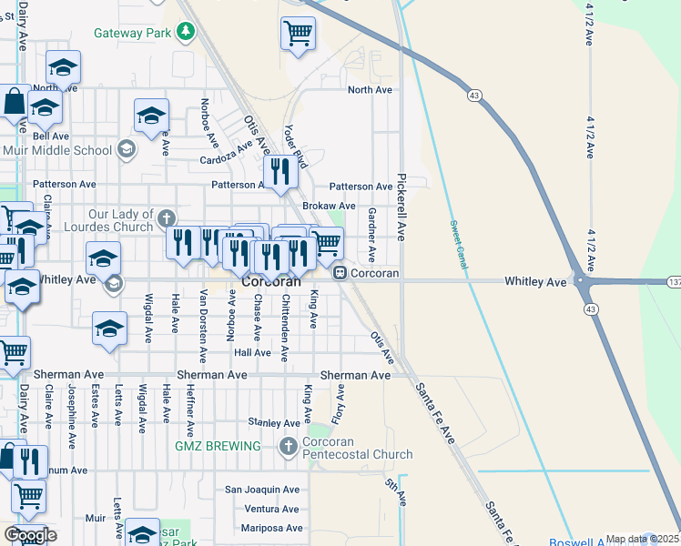 map of restaurants, bars, coffee shops, grocery stores, and more near in Corcoran
