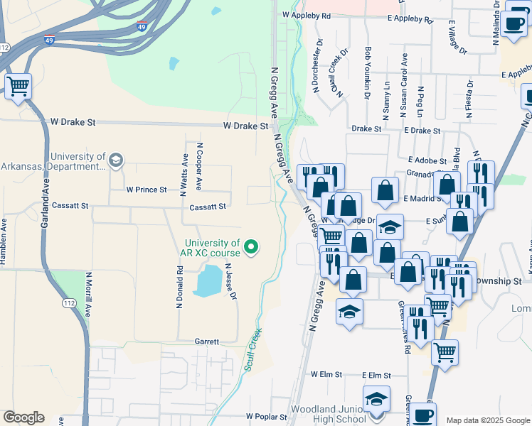 map of restaurants, bars, coffee shops, grocery stores, and more near 501 West Cassatt Street in Fayetteville