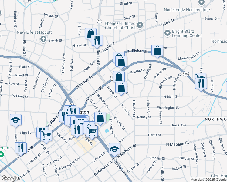 map of restaurants, bars, coffee shops, grocery stores, and more near 205 West Holt Street in Burlington