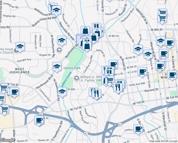 map of restaurants, bars, coffee shops, grocery stores, and more near 1310 Brookstown Avenue Southwest in Winston-Salem