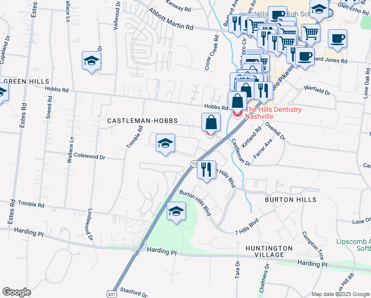 map of restaurants, bars, coffee shops, grocery stores, and more near 5025 Hillsboro Pike in Nashville