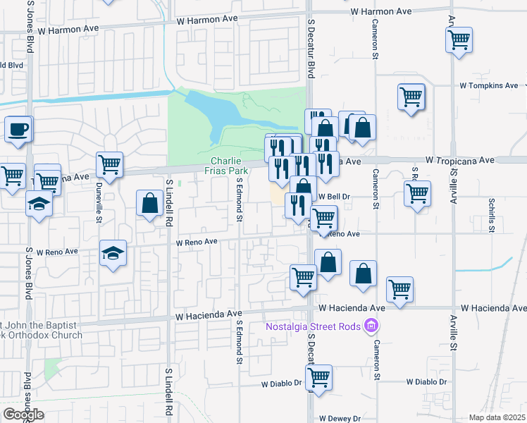 map of restaurants, bars, coffee shops, grocery stores, and more near 5155 West Tropicana Avenue in Las Vegas