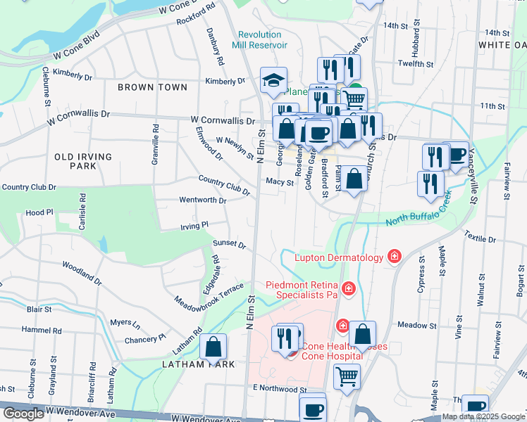 map of restaurants, bars, coffee shops, grocery stores, and more near 1816 North Elm Street in Greensboro