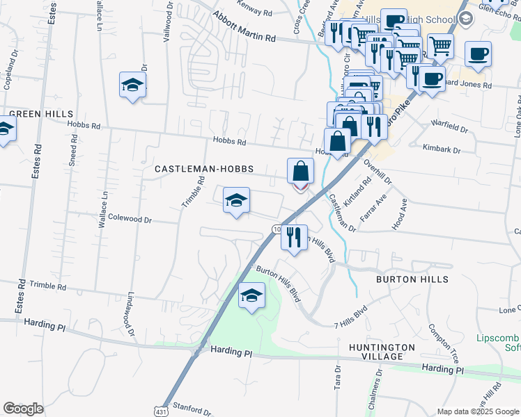 map of restaurants, bars, coffee shops, grocery stores, and more near 5025 Hillsboro Pike in Nashville