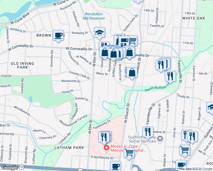 map of restaurants, bars, coffee shops, grocery stores, and more near 1828 North Elm Street in Greensboro