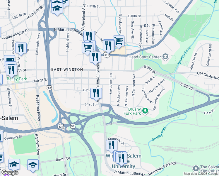 map of restaurants, bars, coffee shops, grocery stores, and more near 1431 East 3rd Street in Winston-Salem