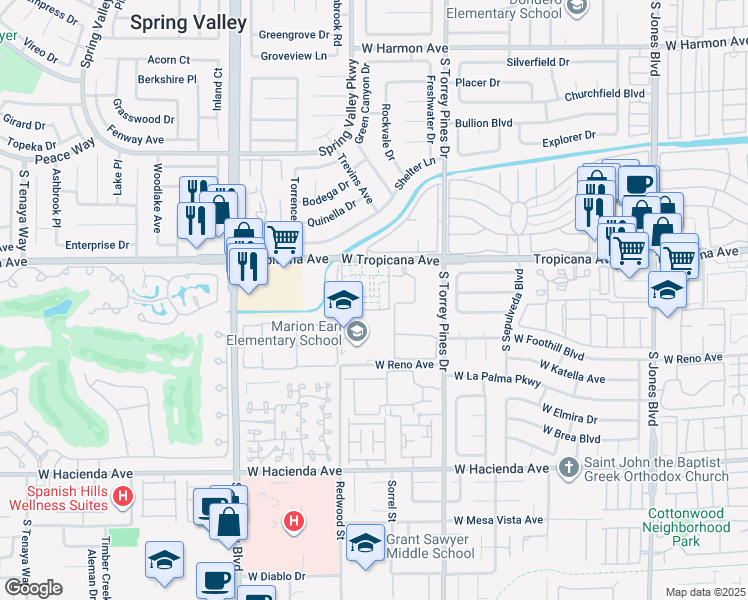 map of restaurants, bars, coffee shops, grocery stores, and more near 6671 West Tropicana Avenue in Las Vegas