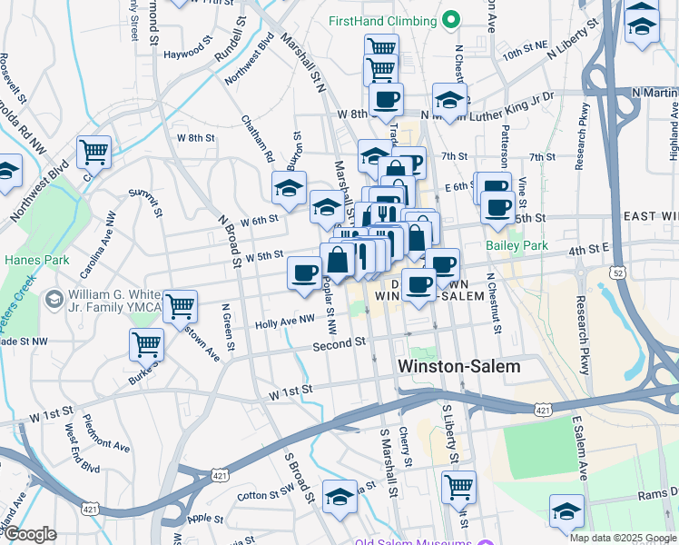 map of restaurants, bars, coffee shops, grocery stores, and more near 418 Marshall Street North in Winston-Salem