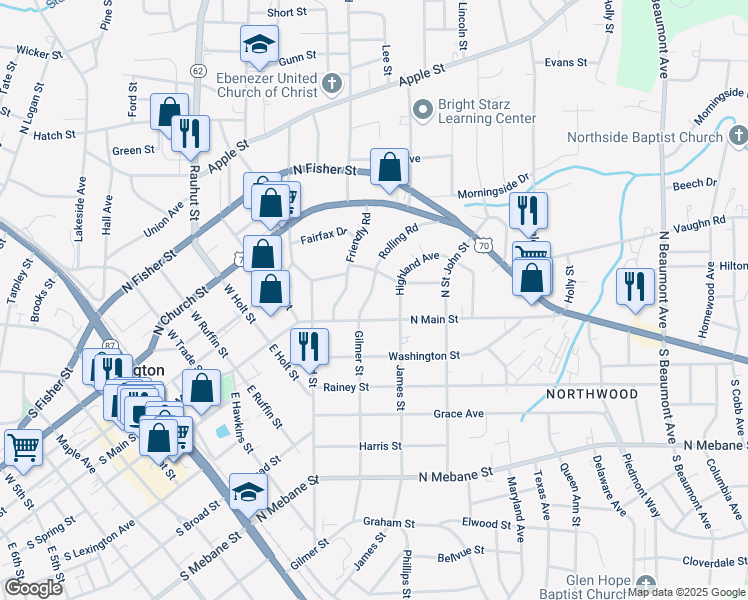 map of restaurants, bars, coffee shops, grocery stores, and more near 119 Rolling Road in Burlington