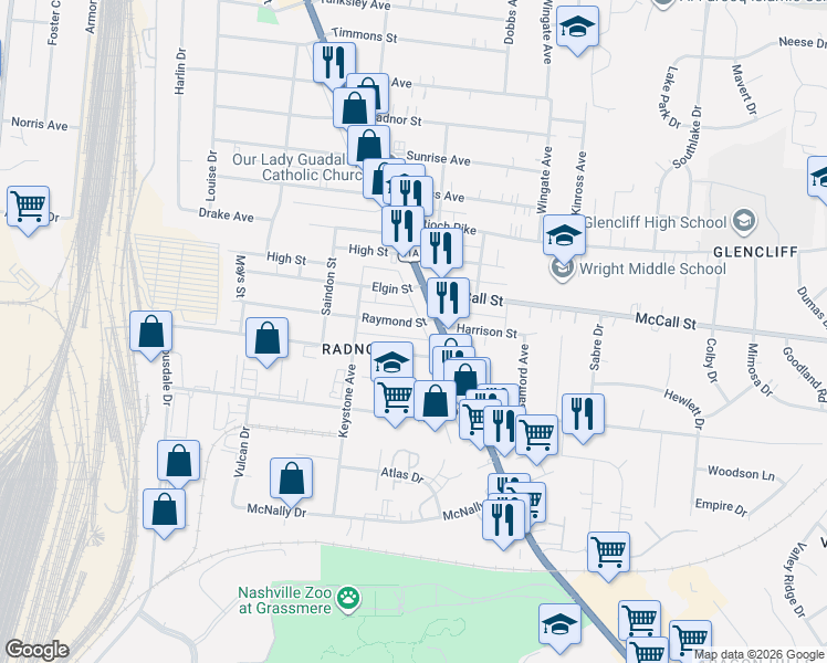 map of restaurants, bars, coffee shops, grocery stores, and more near 209 Raymond Street in Nashville