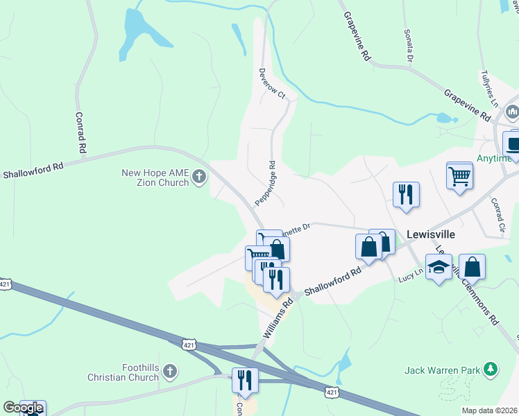map of restaurants, bars, coffee shops, grocery stores, and more near 6939 Shallowford Road in Lewisville