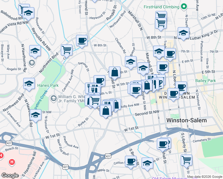 map of restaurants, bars, coffee shops, grocery stores, and more near 450 North Broad Street in Winston-Salem