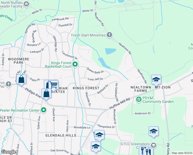map of restaurants, bars, coffee shops, grocery stores, and more near 4210 Queen Beth Drive in Greensboro