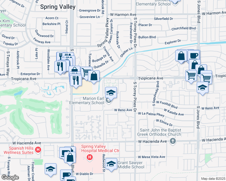 map of restaurants, bars, coffee shops, grocery stores, and more near 6671 West Tropicana Avenue in Las Vegas