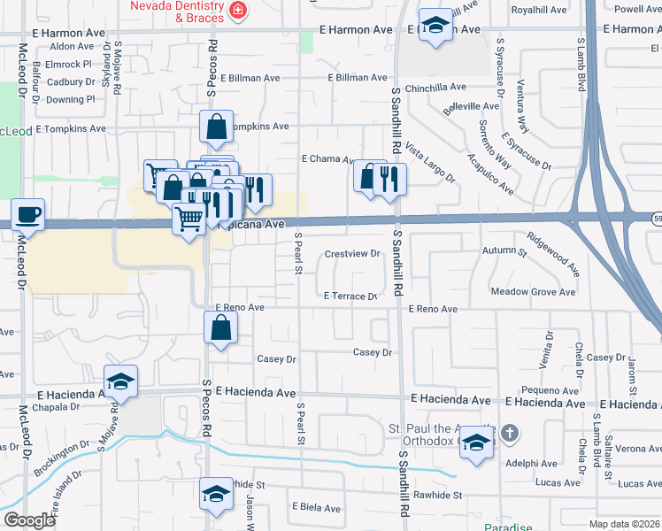 map of restaurants, bars, coffee shops, grocery stores, and more near 3668 Crestview Drive in Las Vegas