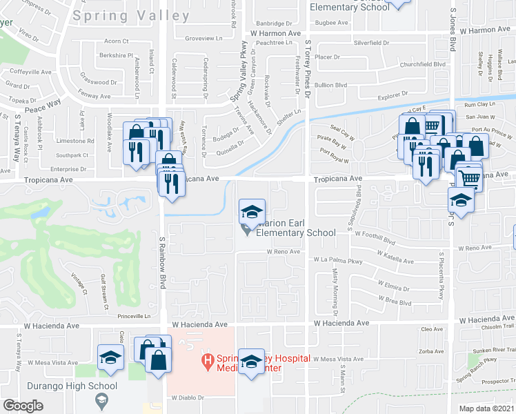 map of restaurants, bars, coffee shops, grocery stores, and more near 6647 West Tropicana Avenue in Las Vegas