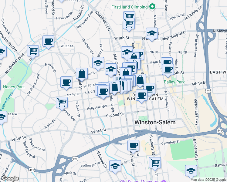 map of restaurants, bars, coffee shops, grocery stores, and more near in Winston-Salem