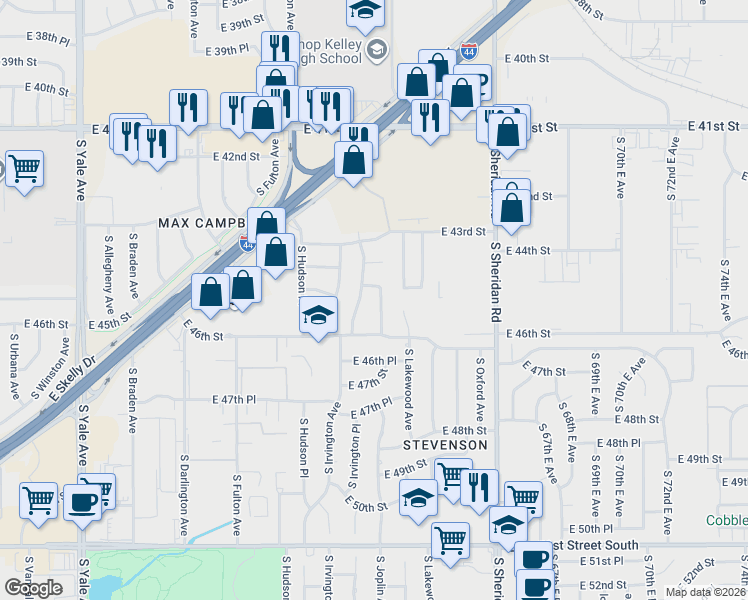 map of restaurants, bars, coffee shops, grocery stores, and more near 4417 South Joplin Avenue in Tulsa