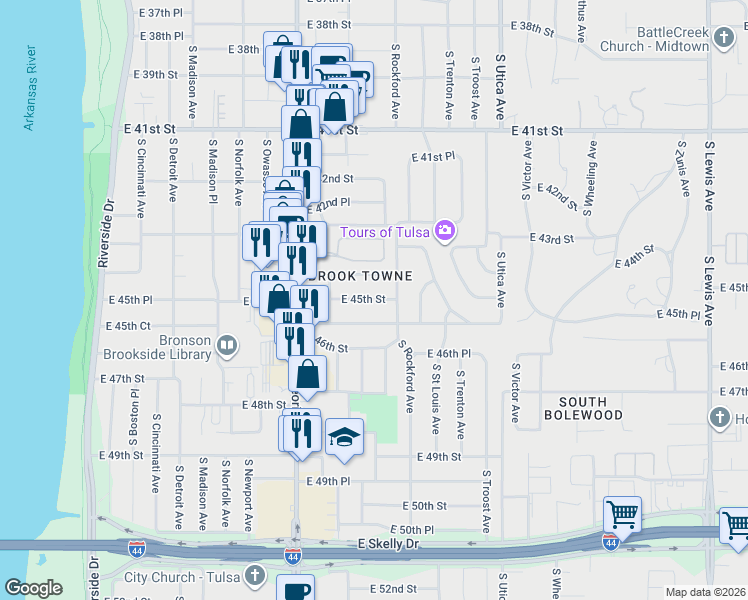 map of restaurants, bars, coffee shops, grocery stores, and more near in Tulsa