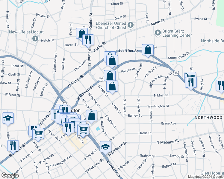 map of restaurants, bars, coffee shops, grocery stores, and more near 413 Sellars Street in Burlington