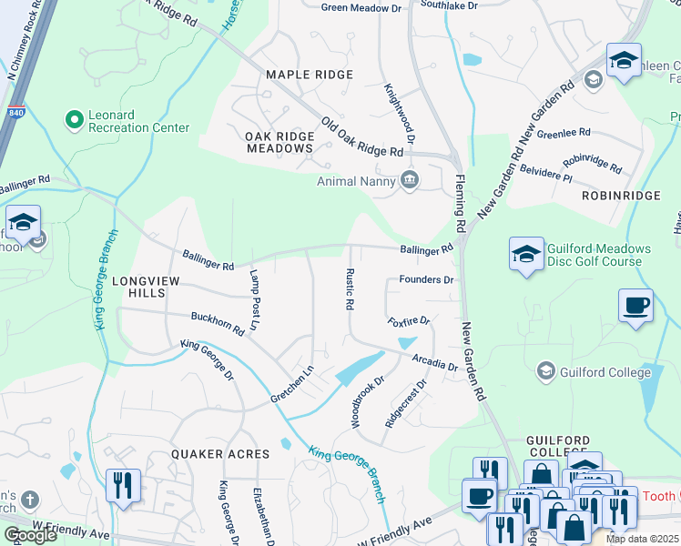 map of restaurants, bars, coffee shops, grocery stores, and more near 6001 Ballinger Road in Greensboro