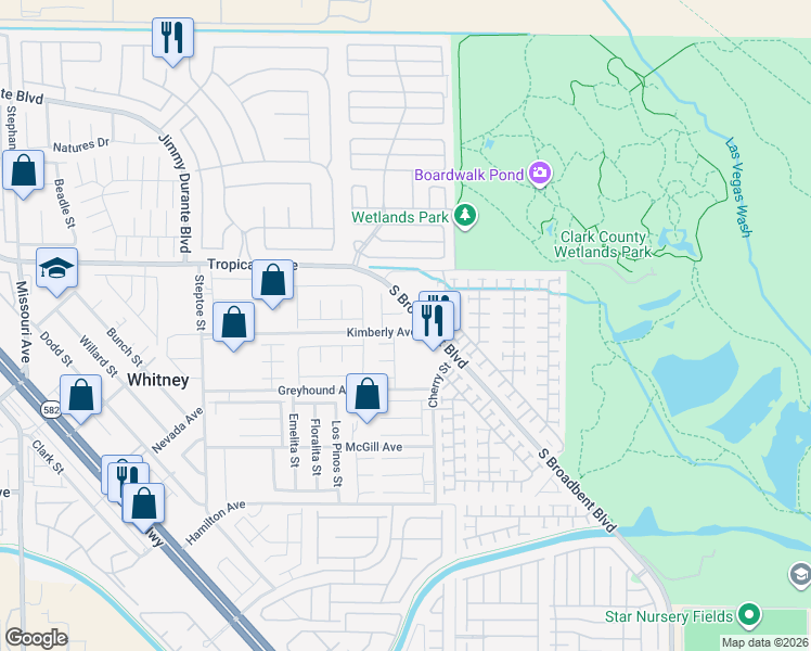 map of restaurants, bars, coffee shops, grocery stores, and more near 6518 Kimberly Avenue in Las Vegas