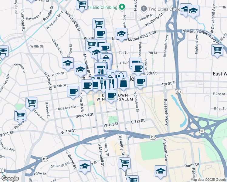 map of restaurants, bars, coffee shops, grocery stores, and more near 103 West 4th Street in Winston-Salem
