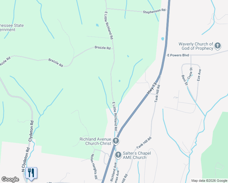 map of restaurants, bars, coffee shops, grocery stores, and more near 342 East Little Richland Road in Waverly