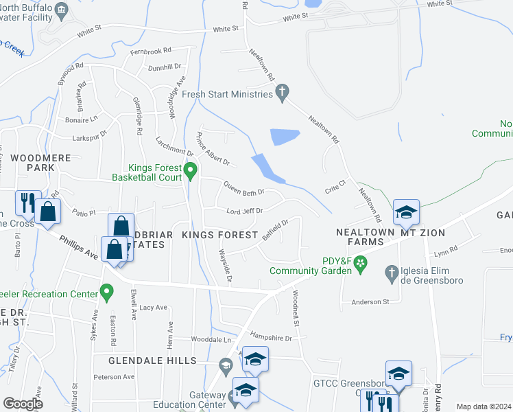 map of restaurants, bars, coffee shops, grocery stores, and more near 4201 Lord Jeff Drive in Greensboro