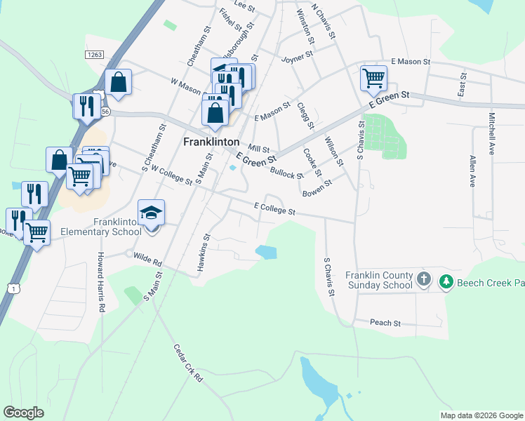 map of restaurants, bars, coffee shops, grocery stores, and more near 202 College Street in Franklinton