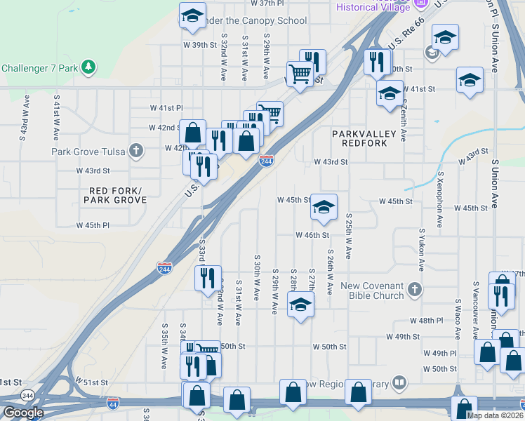 map of restaurants, bars, coffee shops, grocery stores, and more near 4345 South 30th West Avenue in Tulsa